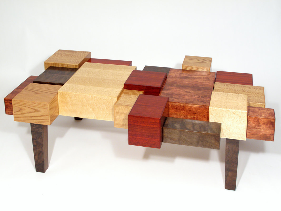 Ultra-Modern Coffee Table: 17 random boxes with 6 veneer species